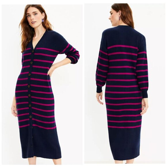 LOFT Long Sweater Cardigan Midi Dress Striped Navy Blue Button Front Size M - Picture 1 of 10